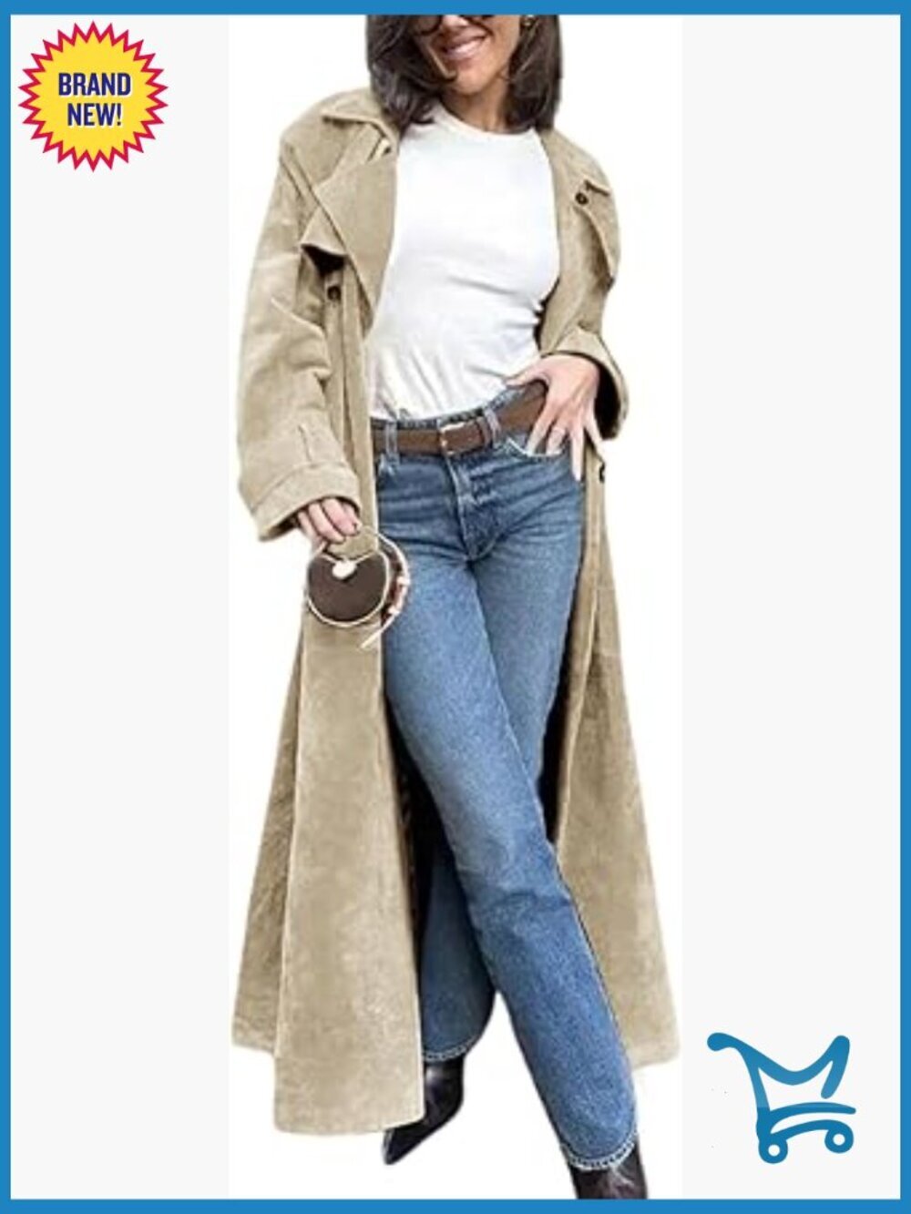 Faux Suede Long Trench Coat Double Breasted Pea Coat with Belt